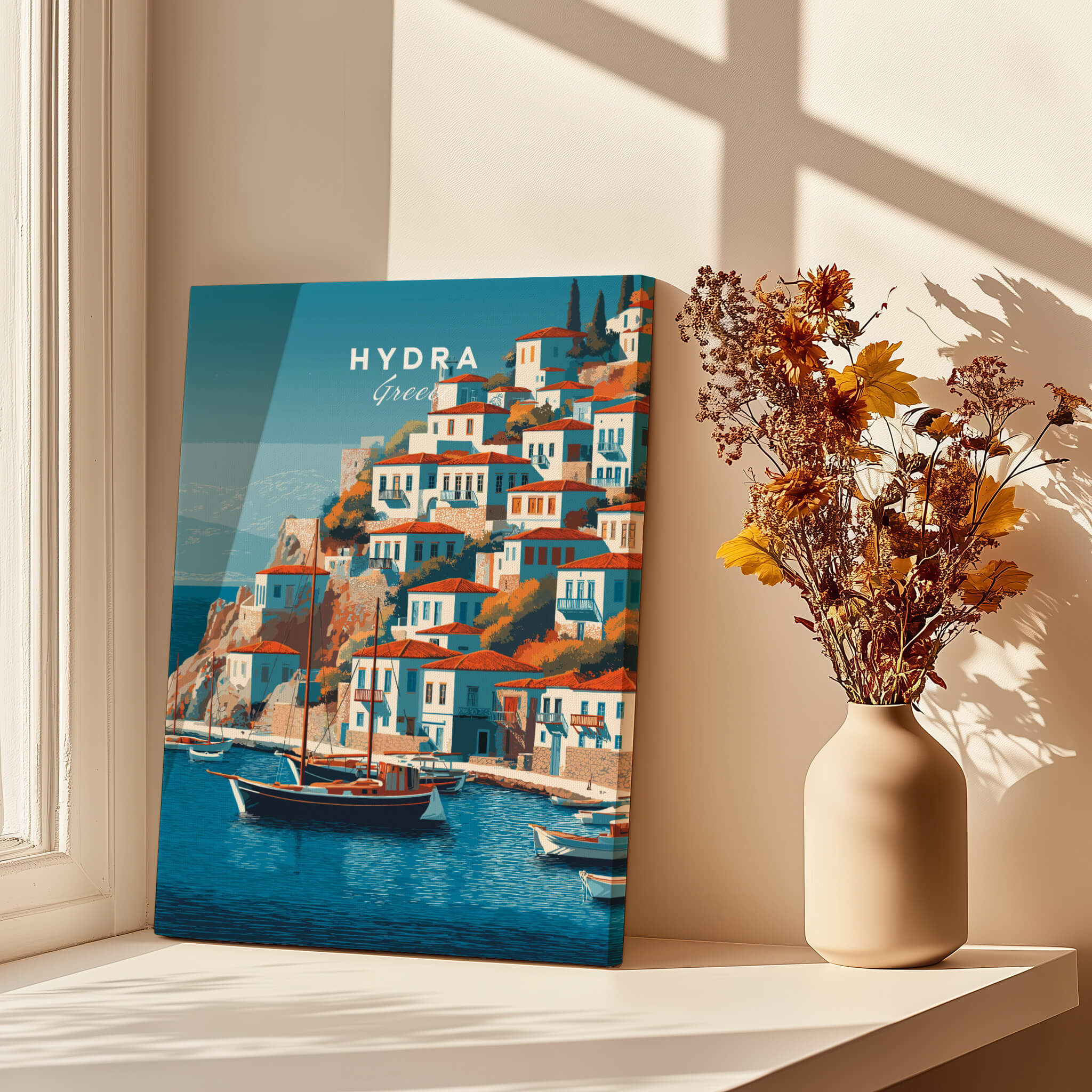 Hydra Greece Wall Art Print | Historic Port & Harbor Travel Poster displayed with vase and flowers.