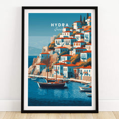 Hydra Greece Wall Art Print | Historic Port & Harbor Travel Poster featuring traditional boats and scenic Mediterranean views.