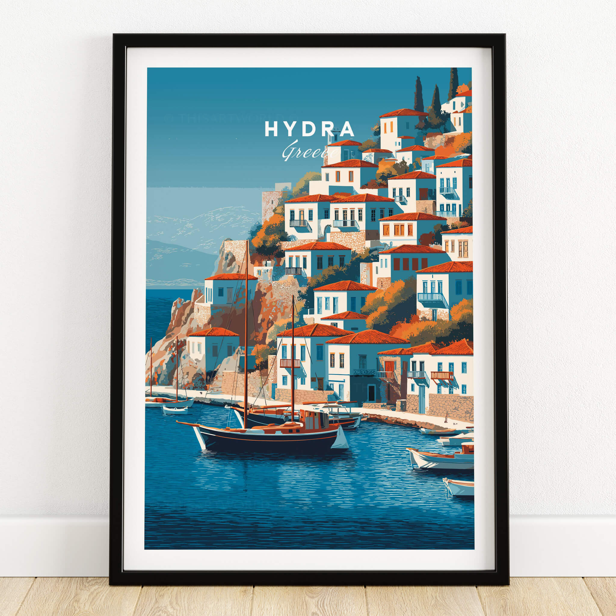 Hydra Greece Wall Art Print | Historic Port & Harbor Travel Poster featuring traditional boats and scenic Mediterranean views.