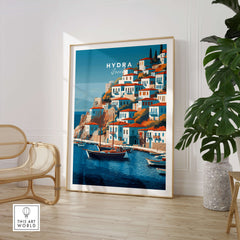 Hydra Greece Wall Art Print | Historic Port & Harbor Travel Poster displayed in a modern interior setting.