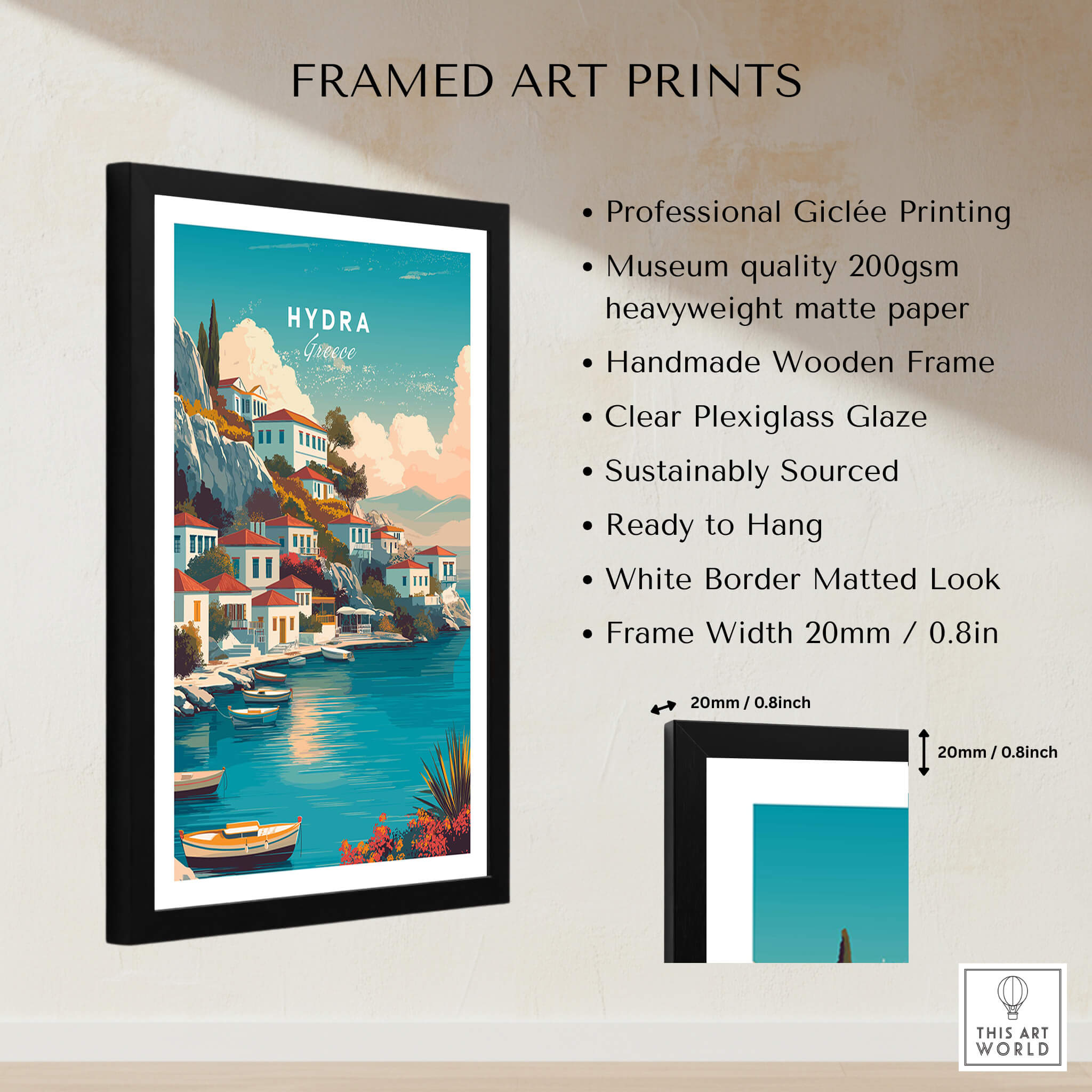 Hydra Greece Travel Poster | Waterfront Village Wall Art Print displayed in a framed art print format.