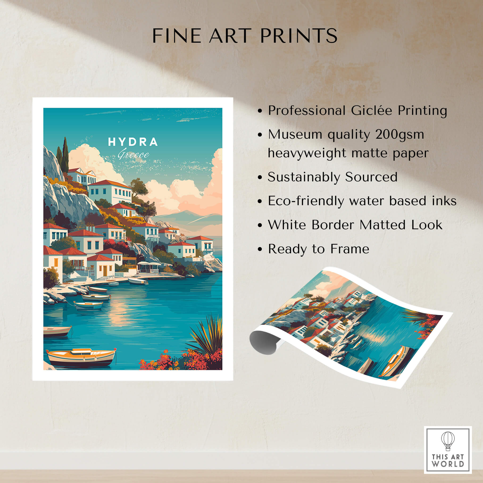Hydra Greece Travel Poster | Waterfront Village Wall Art Print showcasing vibrant harbor scenery.