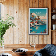 Hydra Greece Travel Poster | Waterfront Village Wall Art Print featuring colorful waterfront homes and boats.