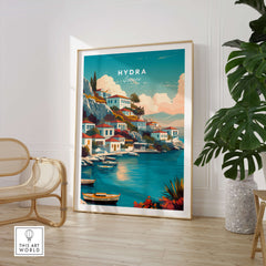 Hydra Greece Travel Poster | Waterfront Village Wall Art Print featuring colorful houses by the waterfront.