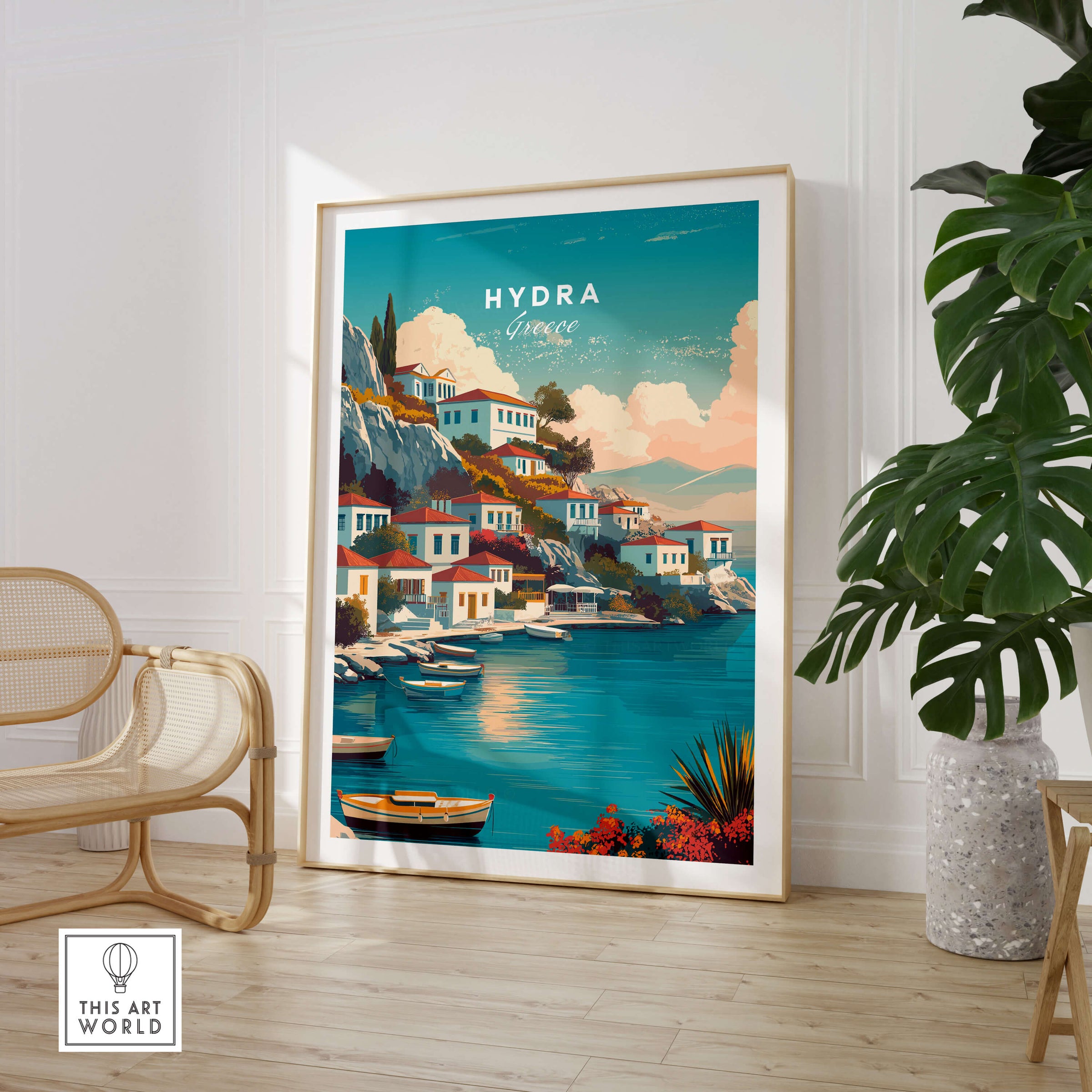 Hydra Greece Travel Poster | Waterfront Village Wall Art Print featuring colorful houses by the waterfront.