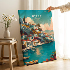 Hydra Greece Travel Poster | Waterfront Village Wall Art Print showcasing colorful harbors and Mediterranean waters.