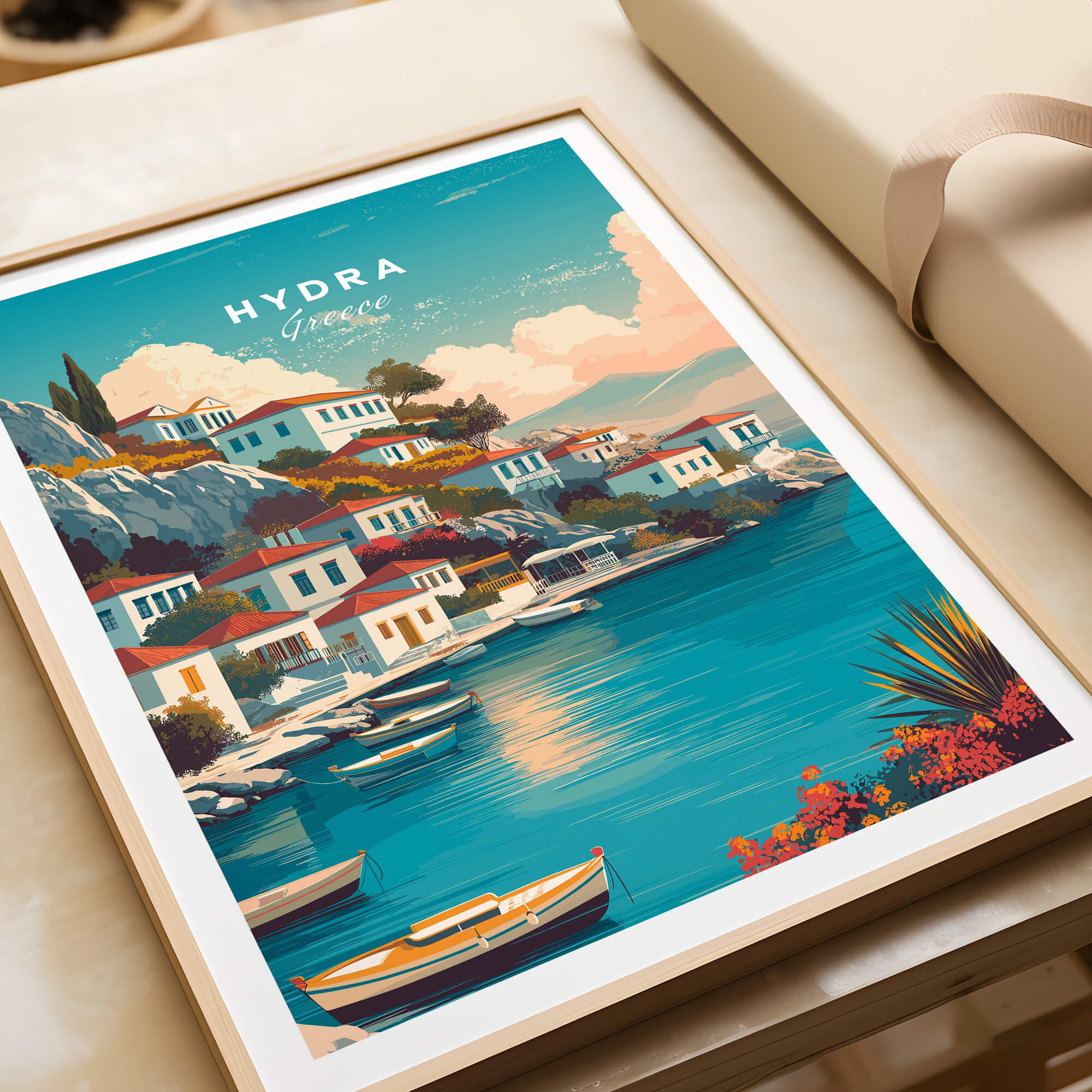 Hydra Greece Travel Poster | Waterfront Village Wall Art Print featuring colorful harbors and traditional architecture.
