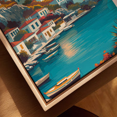 Hydra Greece Travel Poster | Waterfront Village Wall Art Print featuring colorful boats and serene waterfront.
