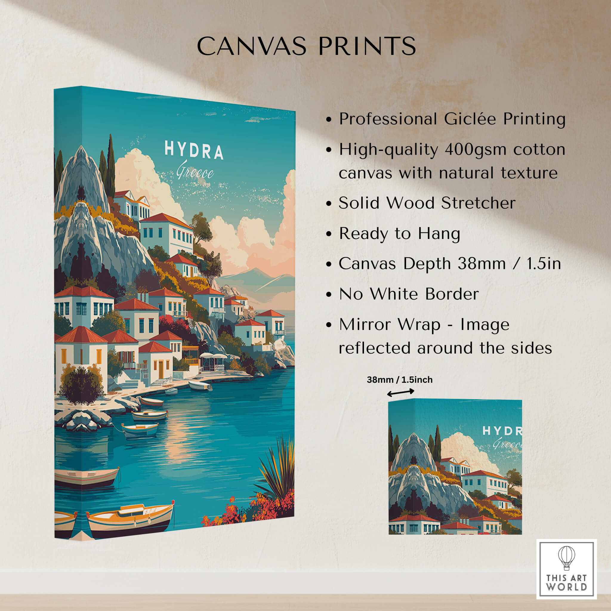 Hydra Greece Travel Poster | Waterfront Village Wall Art Print showcasing high-quality Giclée printing and ready to hang design.