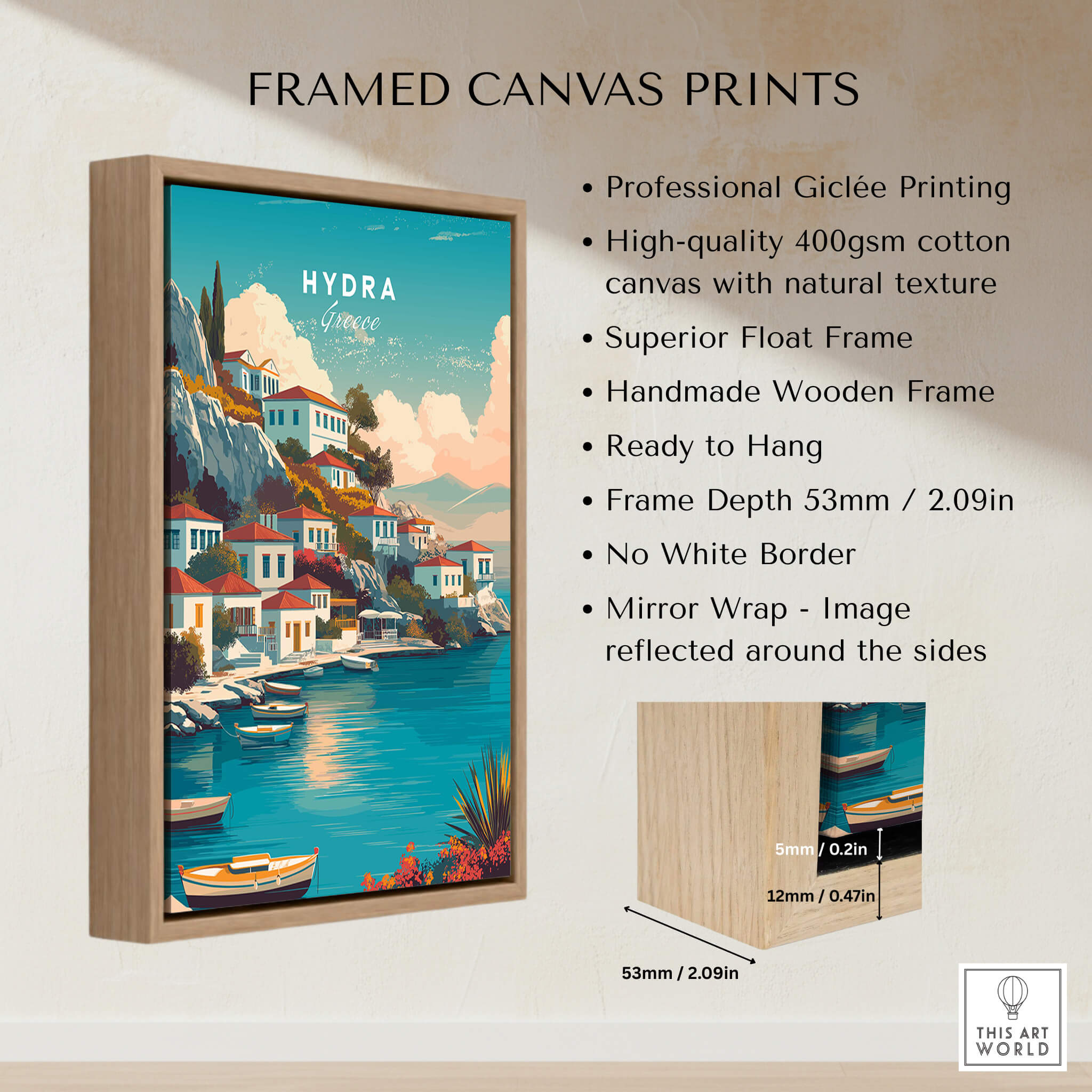 Hydra Greece Travel Poster | Waterfront Village Wall Art Print showcasing a framed canvas print with vibrant colors.