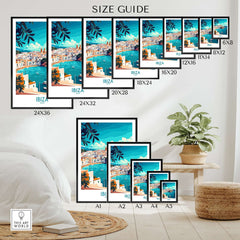 Ibiza Spain Travel Poster size guide showcasing various dimensions and vibrant design options for home decor.