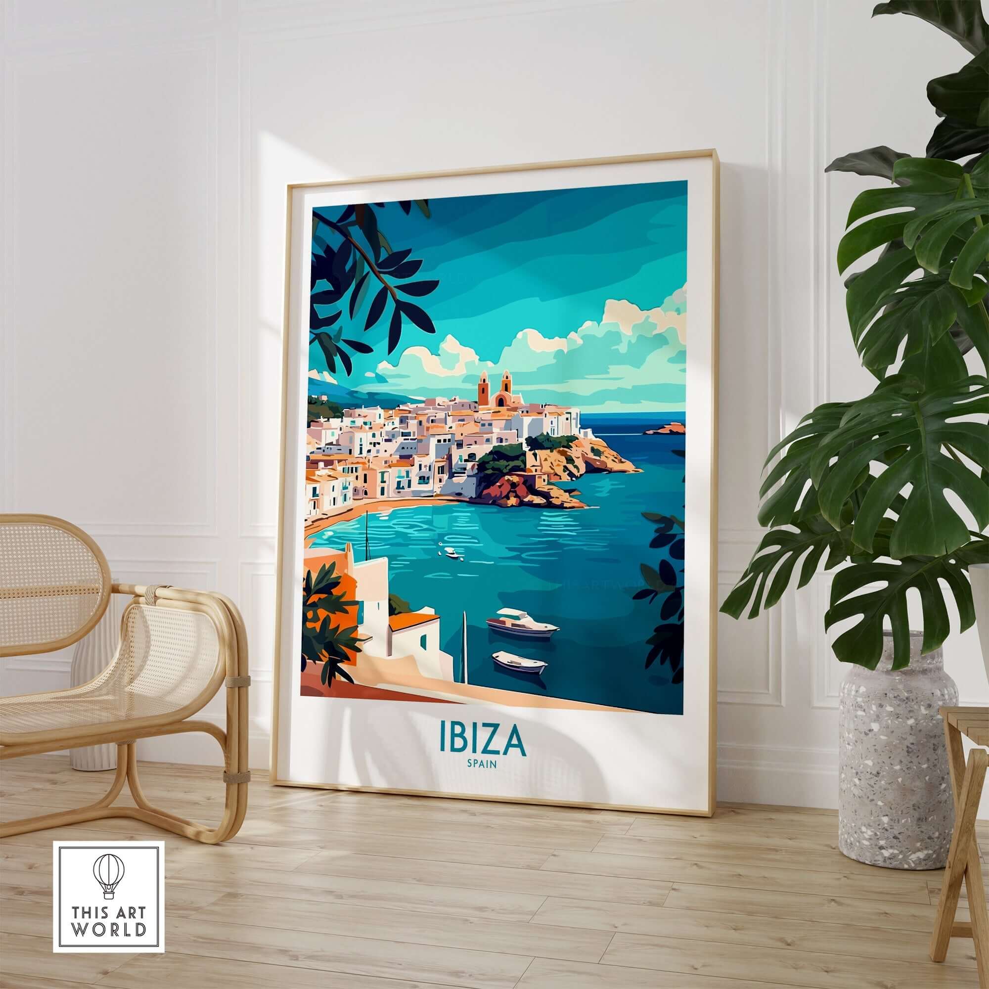 Ibiza Spain Travel Poster featuring a vibrant coastal scene with colorful buildings and boats