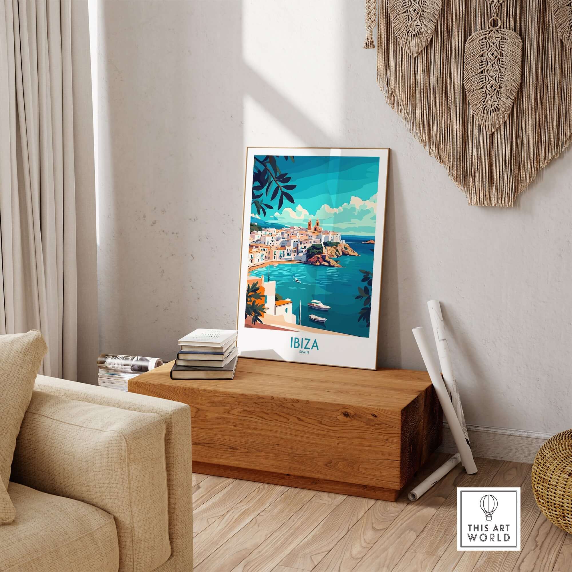 Ibiza Spain Travel Poster showcasing a vibrant view of the island's landscape in a stylish interior setting.