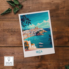 Ibiza Spain Travel Poster featuring a vibrant coastal view and bold colors, perfect for home decor.