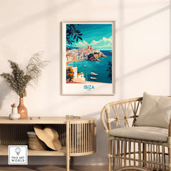 Ibiza Spain Travel Poster showcasing vibrant colors and scenic view of Ibiza in a stylish home decor setting.