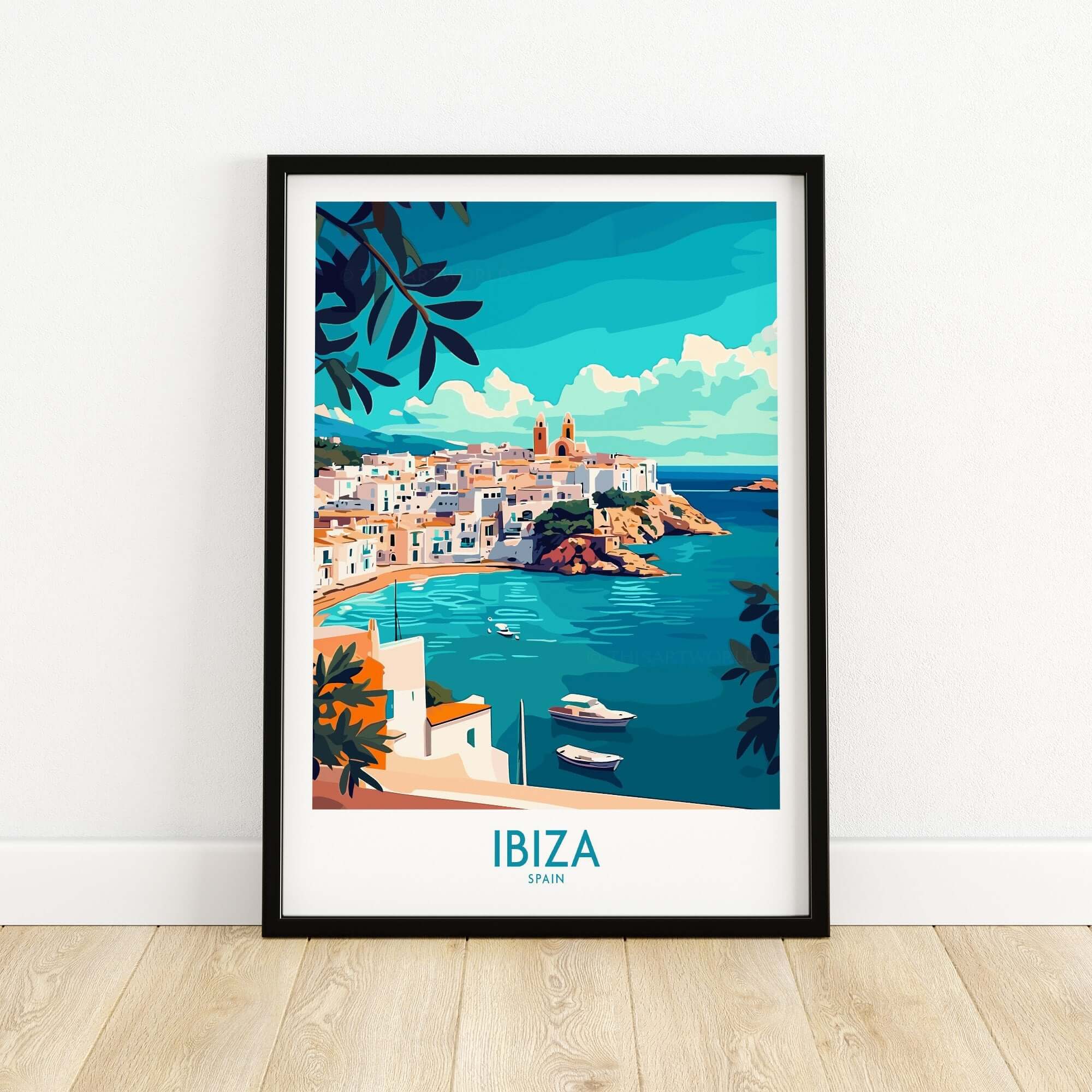 Ibiza Spain Travel Poster showcasing a vibrant coastal view of Ibiza with colorful buildings and blue water.