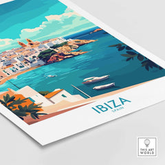 Ibiza Spain Travel Poster featuring a vibrant coastal view of Ibiza, beautifully designed with bold colors.