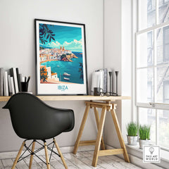 Ibiza Spain Travel Poster displayed in a modern workspace, showcasing vibrant colors and scenic views.
