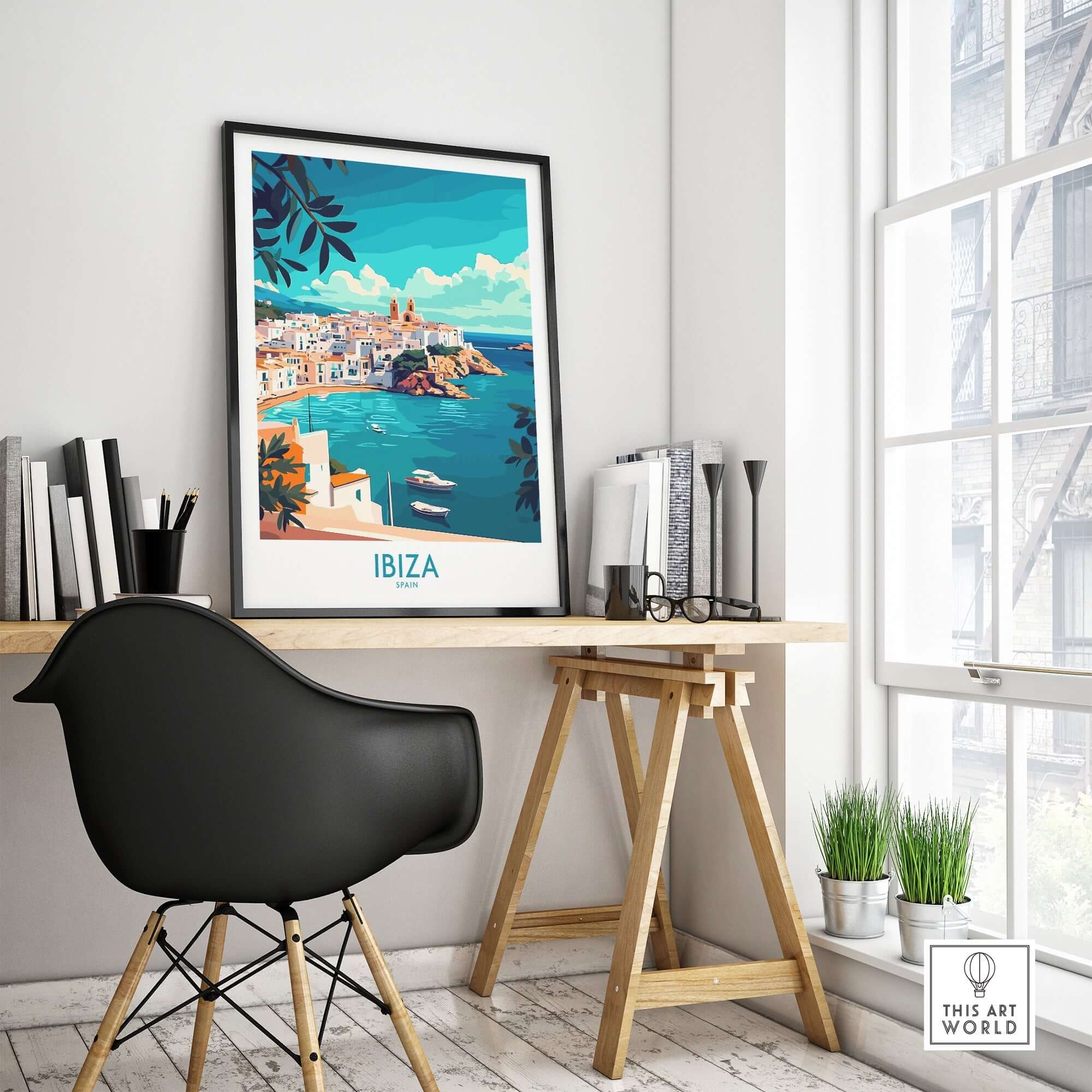 Ibiza Spain Travel Poster displayed in a modern workspace, showcasing vibrant colors and scenic views.