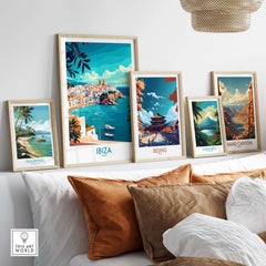 Ibiza Spain Travel Poster among other travel posters, showcasing vibrant wall art for home decor.