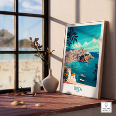 Ibiza Spain Travel Poster displayed in a sunlit room, showcasing vibrant colors and seaside scenery.