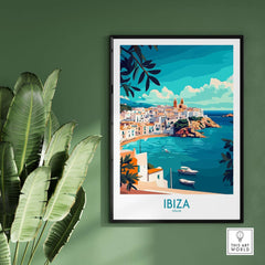 Ibiza Spain Travel Poster showcasing vibrant coastal scenery and bold colors, perfect for home or office decor.