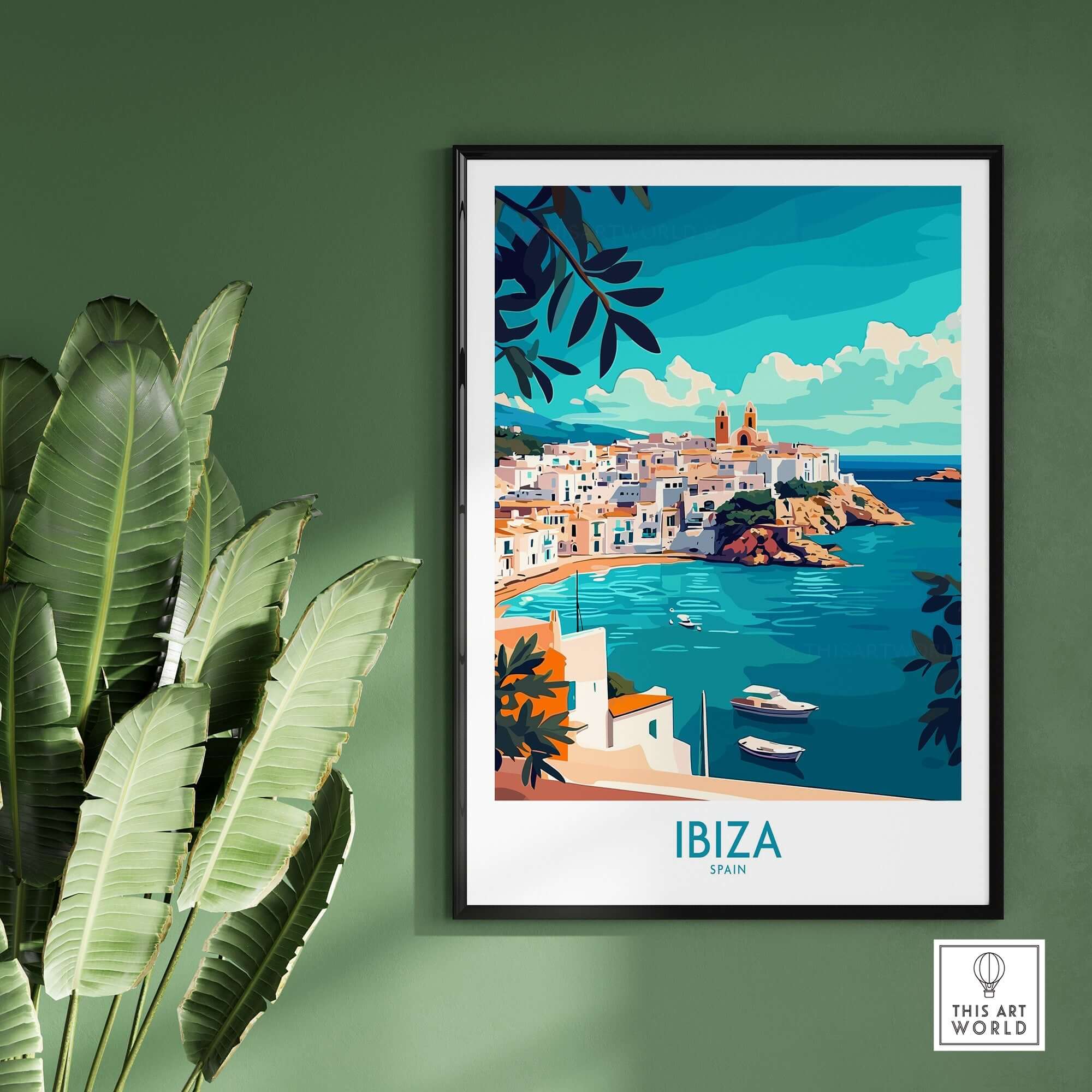 Ibiza Spain Travel Poster showcasing vibrant coastal scenery and bold colors, perfect for home or office decor.