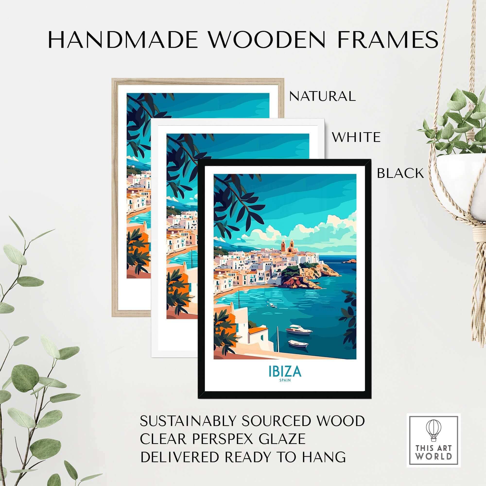 Ibiza Spain Travel Poster displayed in handmade wooden frames in natural, white, and black finishes.