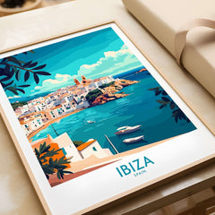 Ibiza Spain Travel Poster featuring a vibrant coastal scene with boats and colorful buildings in Ibiza, Spain.