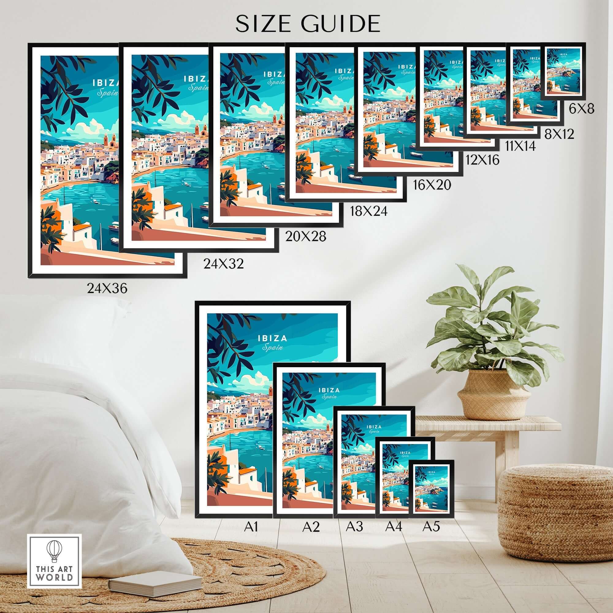 Ibiza Spain Travel Print size guide showcasing various print sizes and framed art options.