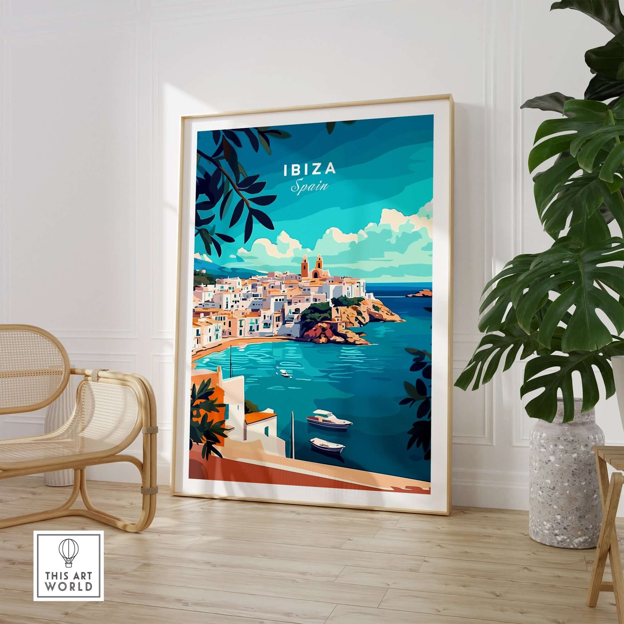 Ibiza Spain Travel Print showcasing the vibrant coastal beauty and culture of Ibiza, Spain in stunning wall art.