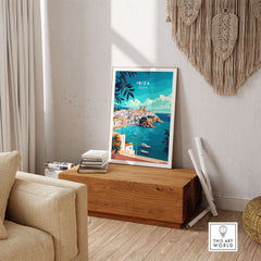Ibiza Spain Travel Print showcasing vibrant colors and beautiful scenery of Ibiza, Spain in a stylish home decor setting.