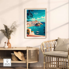 Ibiza Spain Travel Print showcasing the picturesque coastal views and vibrant culture of Ibiza, Spain.
