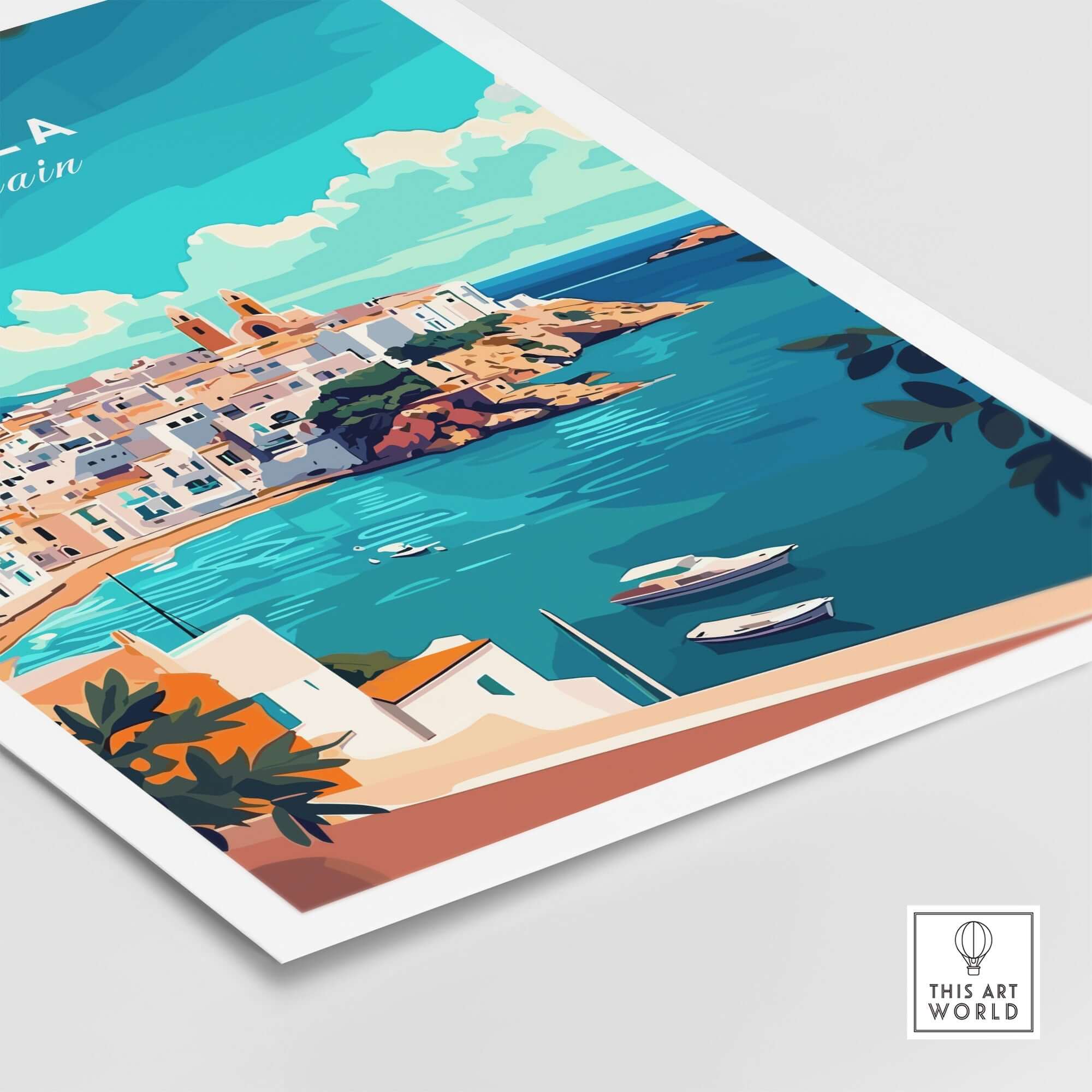 Ibiza Spain Travel Print showcasing vibrant coastal views and charming architecture of Ibiza.