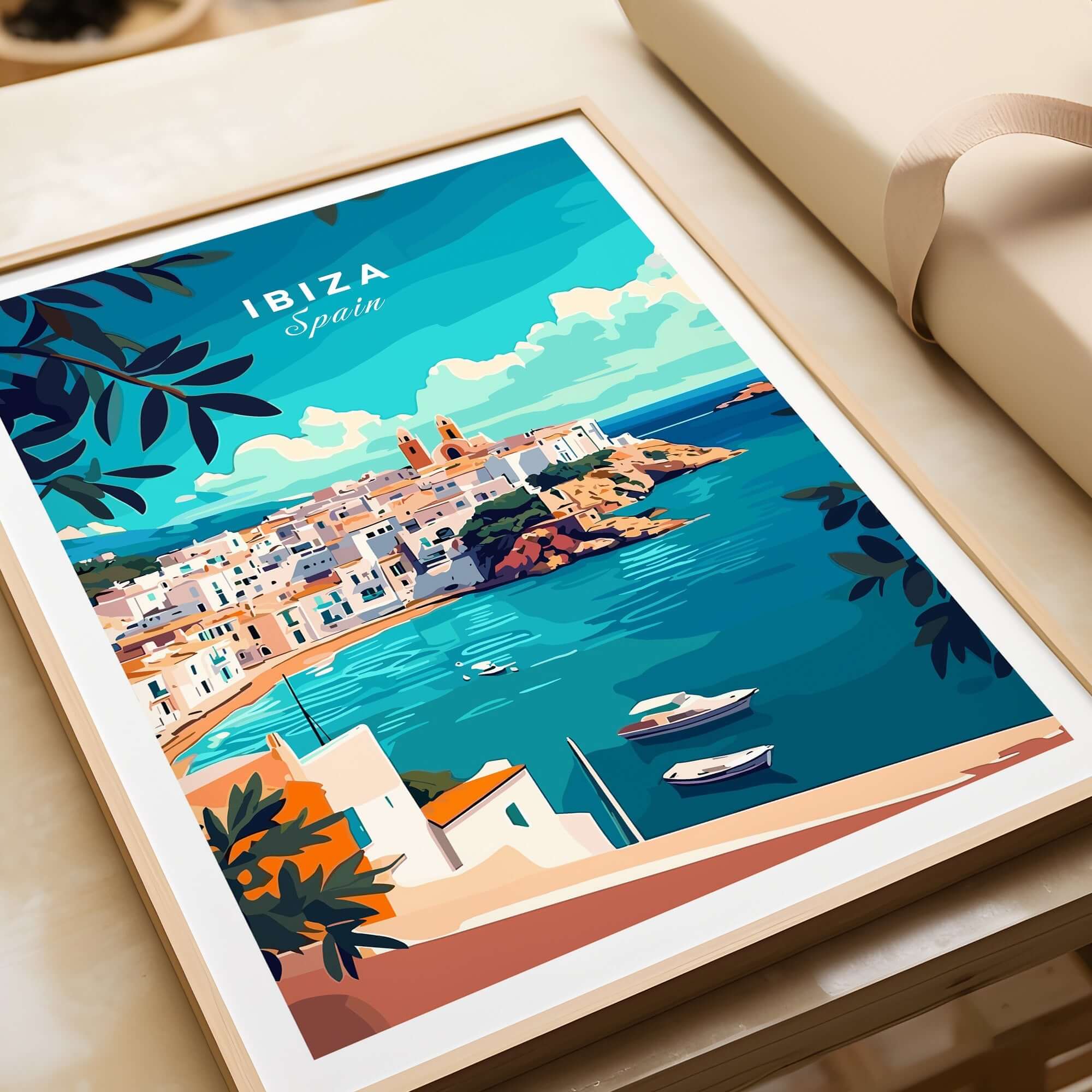 Ibiza Spain Travel Print featuring scenic coastal views and vibrant colors of Ibiza.