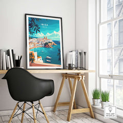 Ibiza Spain Travel Print vibrant wall art showcasing picturesque views of Ibiza, Spain in a stylish interior setting.