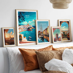 Ibiza Spain Travel Print wall art featuring vibrant illustrations of Ibiza, Denmark and Barcelona in stylish frames.