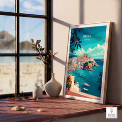 Ibiza Spain Travel Print showcasing vibrant coastal views, perfect wall art for travel enthusiasts.
