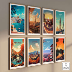 Ibiza Spain Travel Print and other city travel prints displayed in frames on a wall