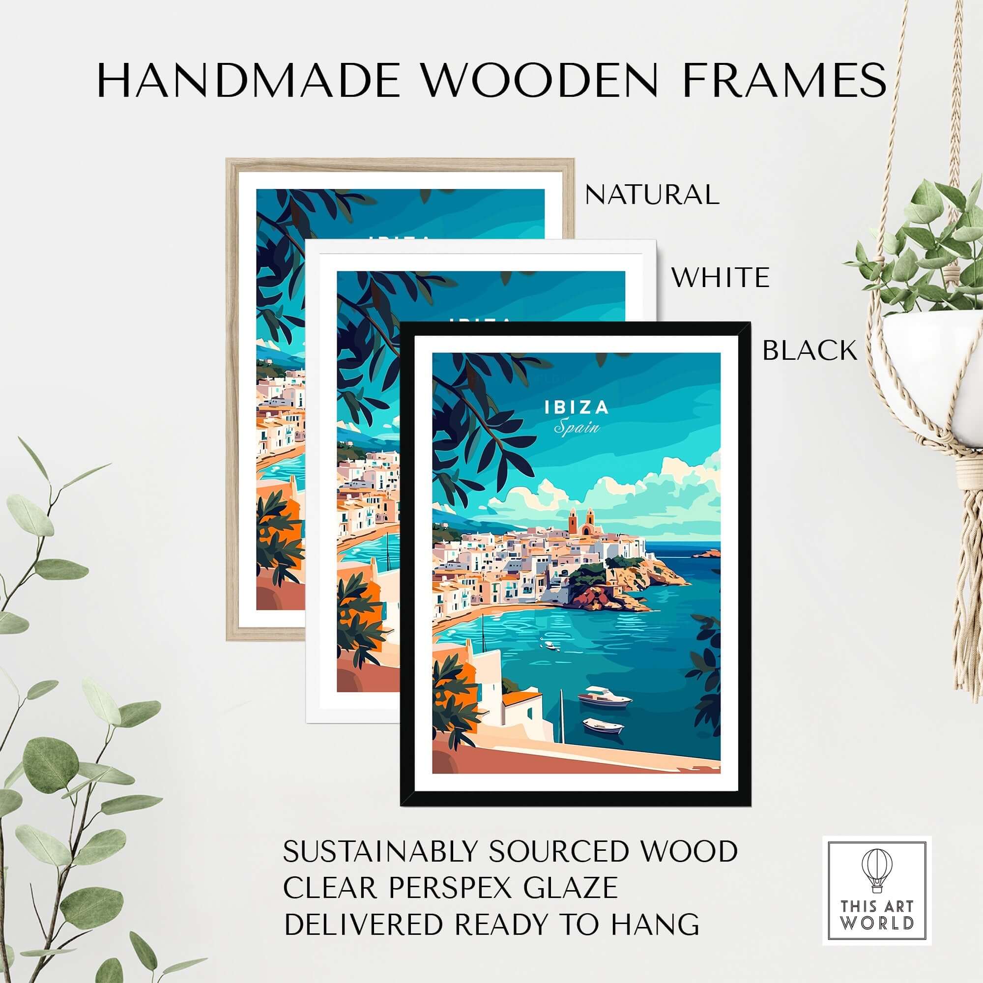Ibiza Spain Travel Print framed in natural, white, and black handmade wooden frames with greenery.
