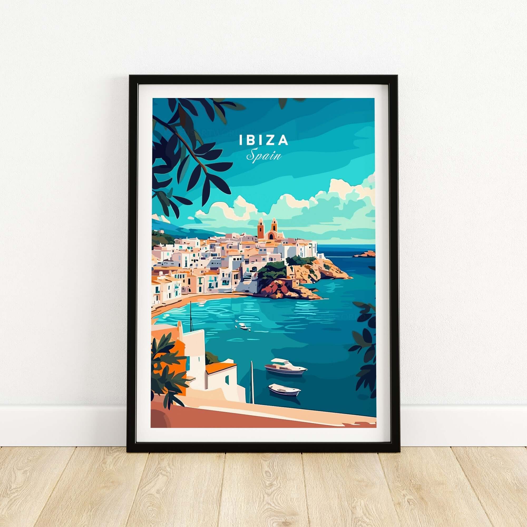 Ibiza Spain Travel Print featuring a beautiful coastal view of Ibiza with vibrant colors and details.