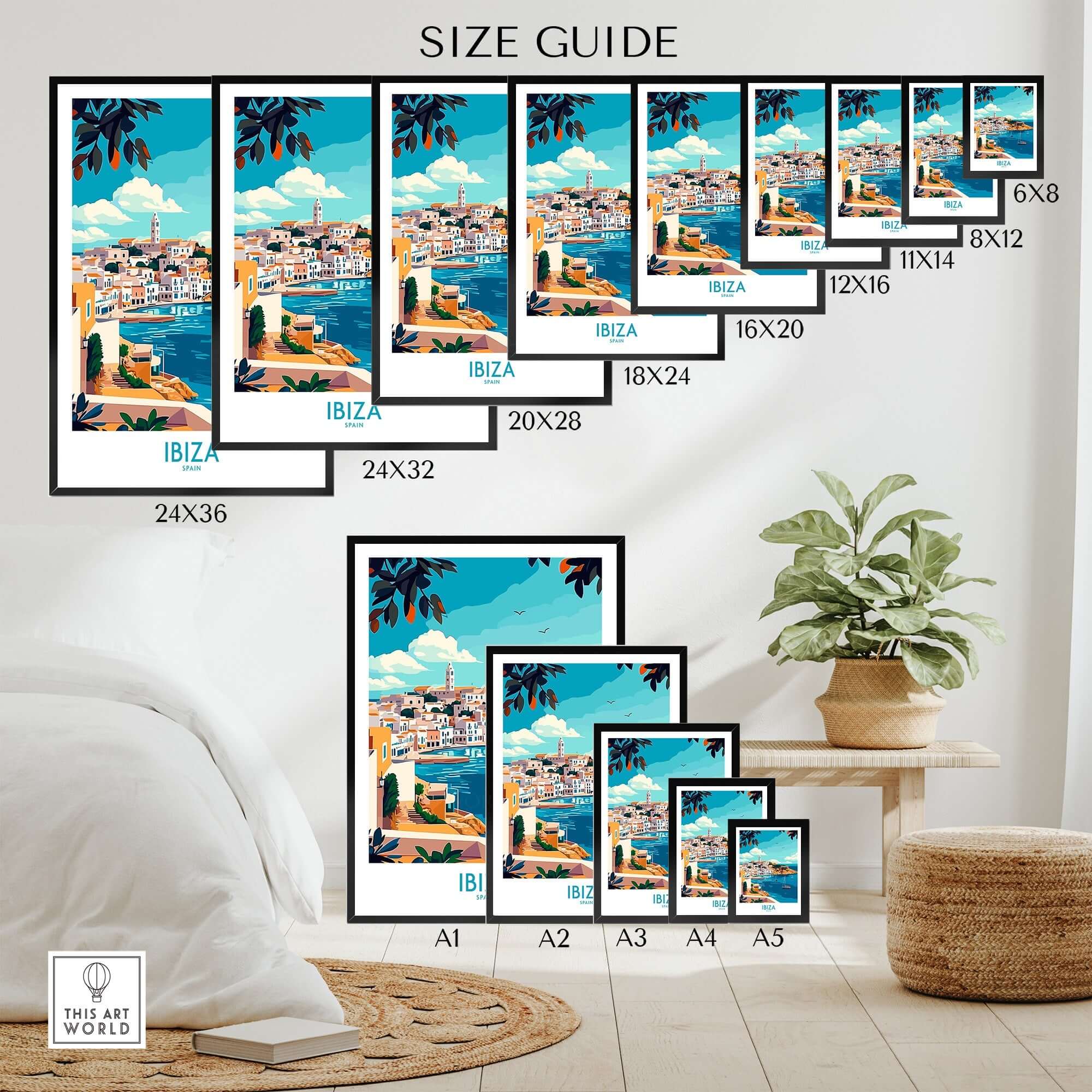 Ibiza Travel Poster size guide showcasing various dimensions and vibrant images of Ibiza, perfect for home decor.