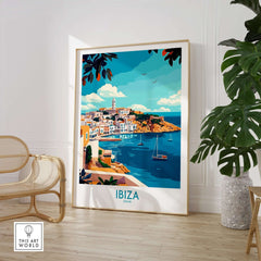 Ibiza Travel Poster showcasing vibrant imagery of the island of Ibiza, perfect for home decor and wall art.