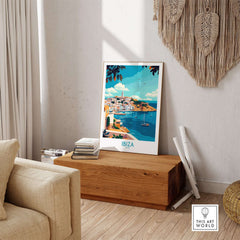 Vibrant Ibiza Travel Poster displayed in a stylish interior setting, inspiring thoughts of travel and relaxation.