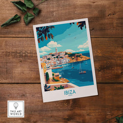 Ibiza Travel Poster featuring vibrant coastal imagery of Ibiza, Spain, perfect for home or office wall art.