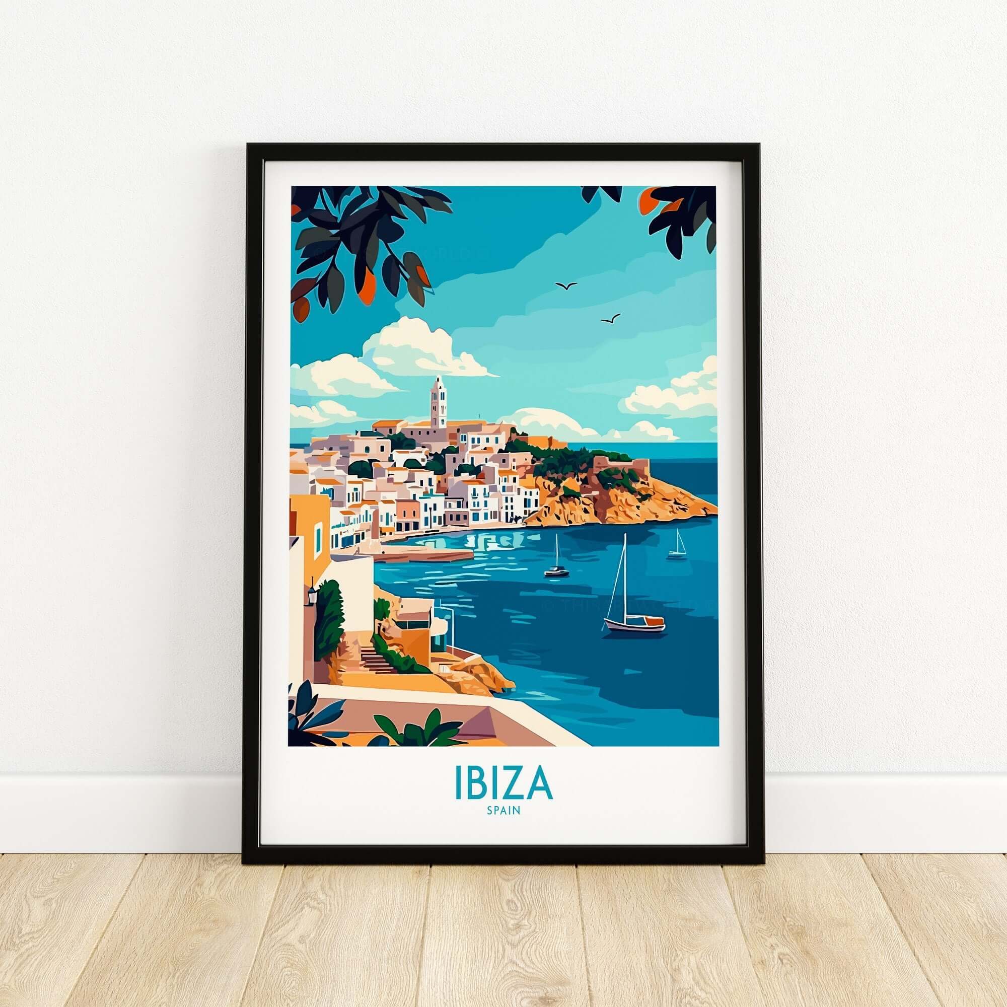 Ibiza Travel Poster featuring vibrant colors of a coastal view with boats and Mediterranean architecture in Spain.