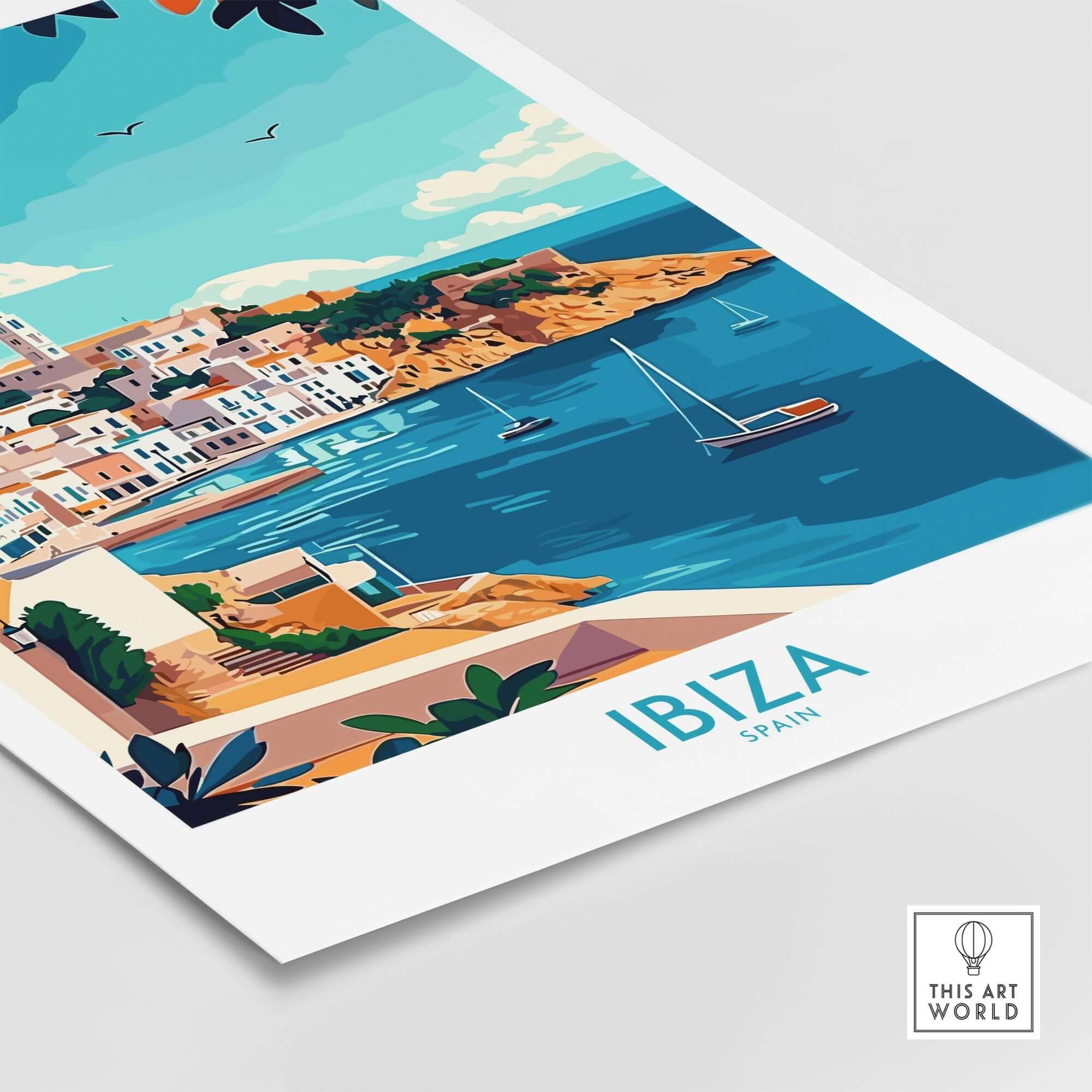 Ibiza Travel Poster showcasing vibrant coastal scenery and Mediterranean architecture in Spain.
