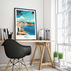 Ibiza Travel Poster showcasing picturesque coastal scenes and vibrant colors, perfect for home or office decor.