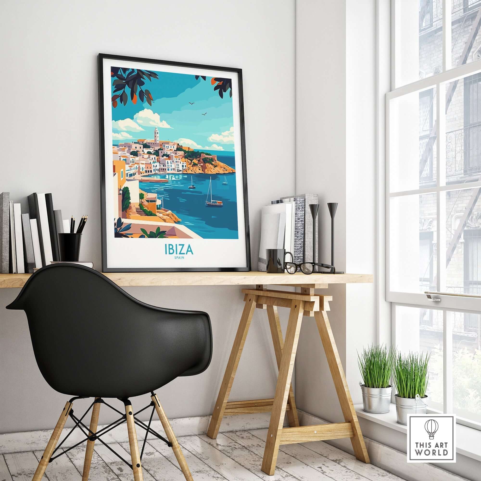 Ibiza Travel Poster showcasing picturesque coastal scenes and vibrant colors, perfect for home or office decor.