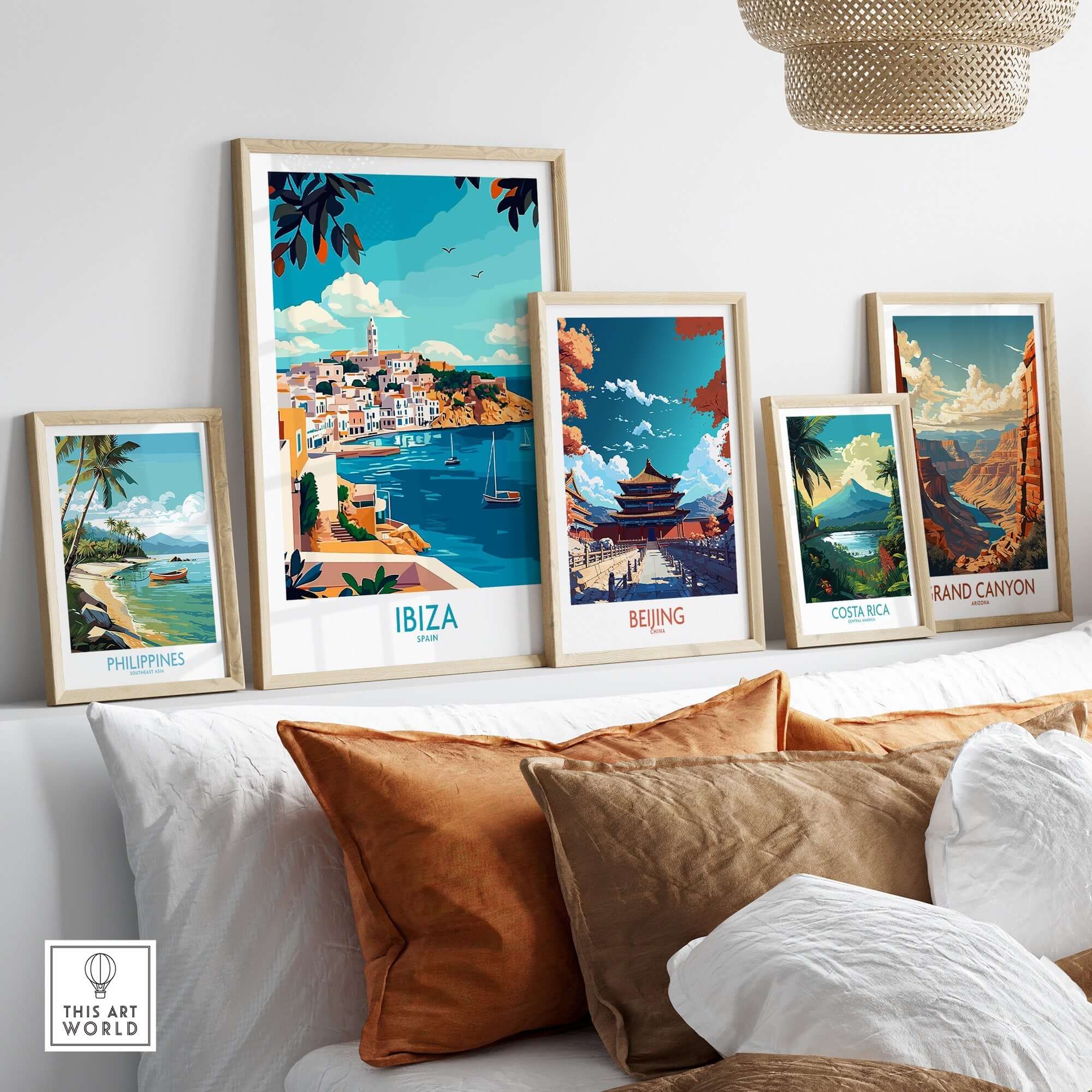 Ibiza Travel Poster featuring vibrant colors and stunning imagery among other travel art on a stylish wall display.